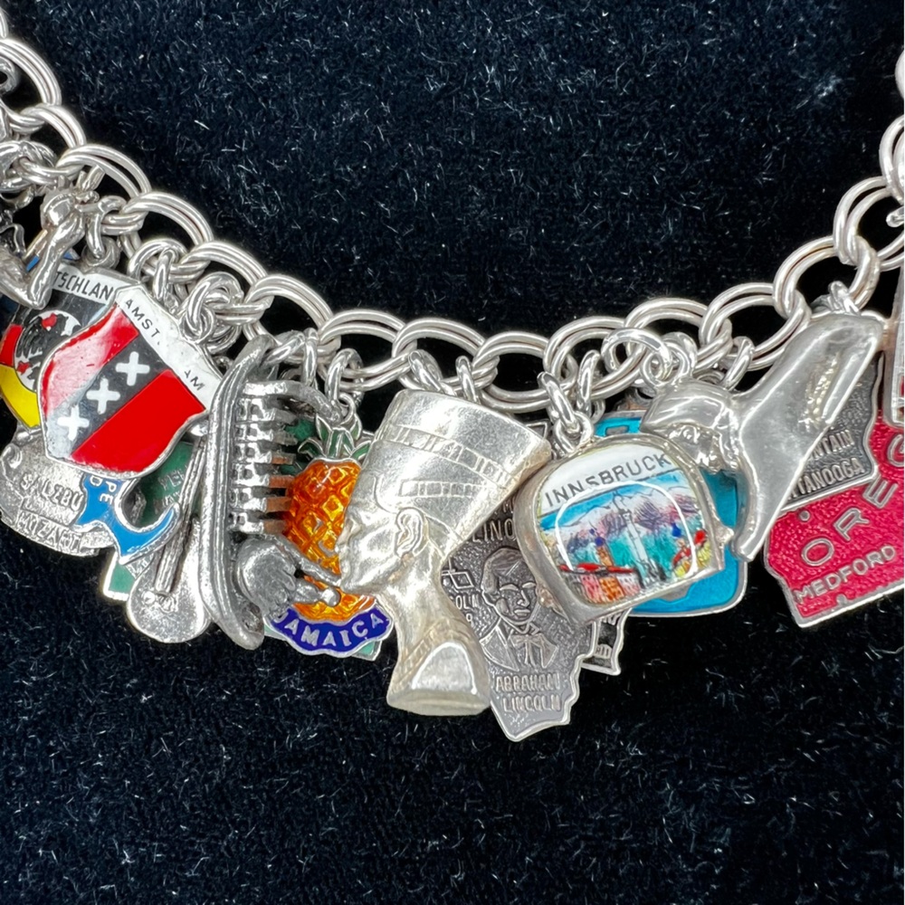 Vintage Travel LOADED Sterling 925 Silver Enamel Foreign & USA Charm Bracelet - Picture 5 of 16